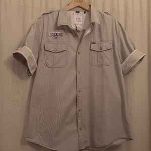 BUFFALO DAVID BITTON Cream Pinstripe Front Pocket Military Style Shirt SZ L